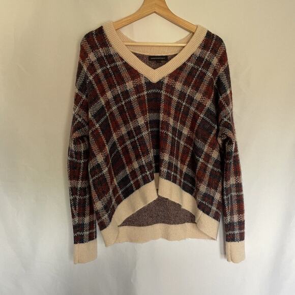 Banana Republic Plaid V-Neck Sweater S Wool Blend Red & Beige women's fall - Picture 1 of 7